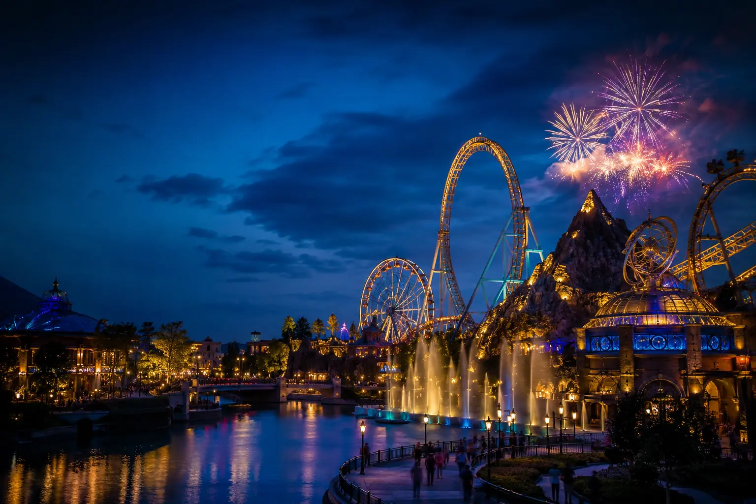 Illuminated roller coaster and Ferris wheel at a theme park after sunset