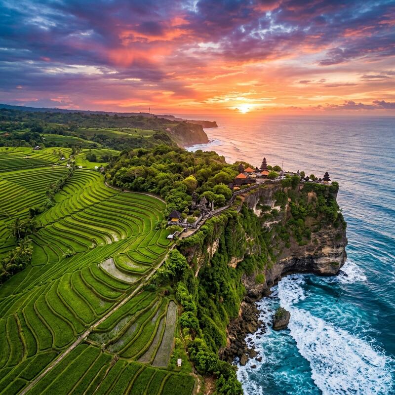 Bali, Indonesia — rice terraces and temple at sunset