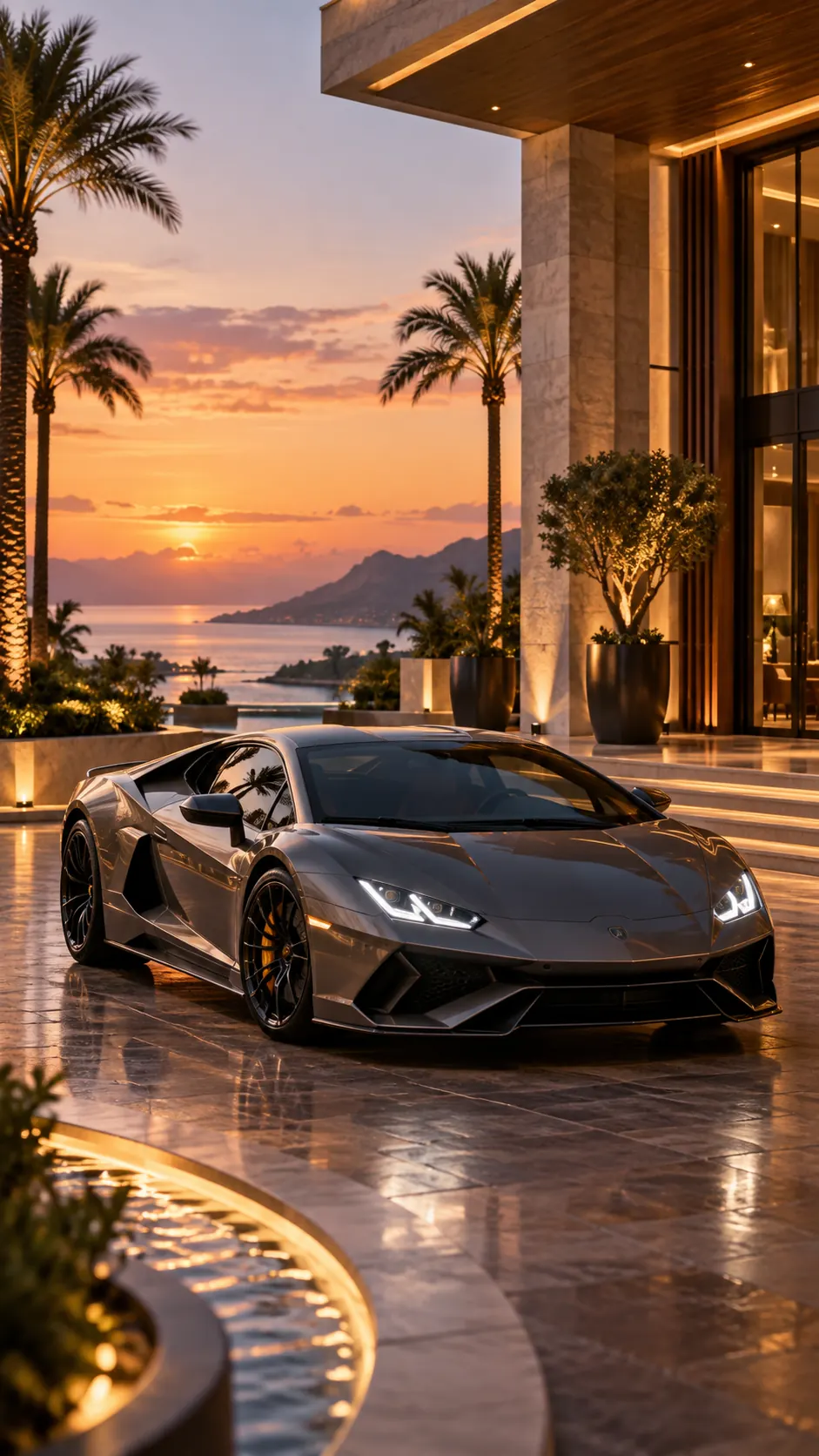 Exotic car outside an upscale resort at sunset