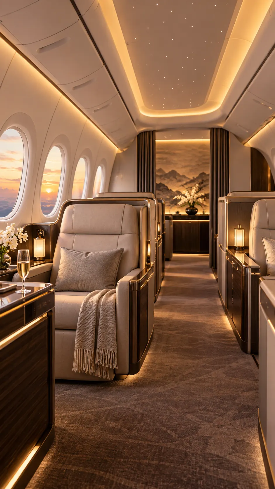 Premium first-class airplane cabin at sunset
