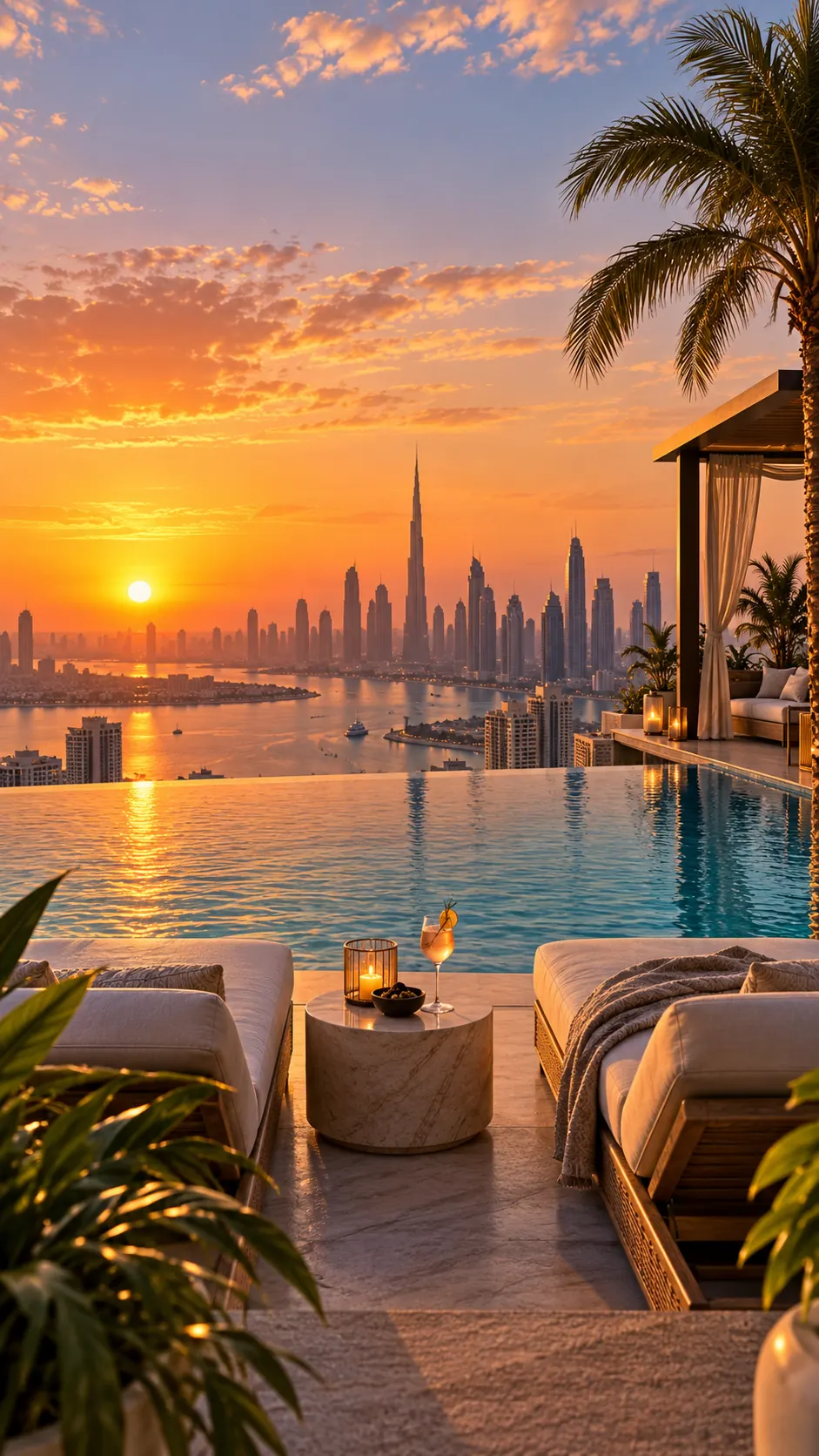 Luxury rooftop infinity pool overlooking a skyline at sunset